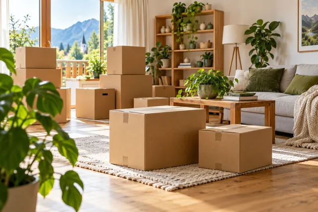 Wohnzimmer mit gestapelten Kartons bei einer Haushaltsauflösung
