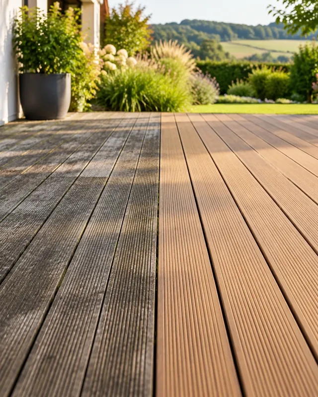 Terrassendielen halb gereinigt