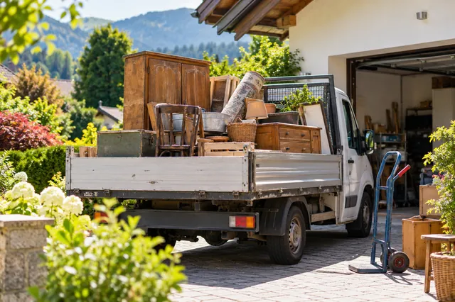Pritschenwagen mit alten Möbeln vor einer Garage
