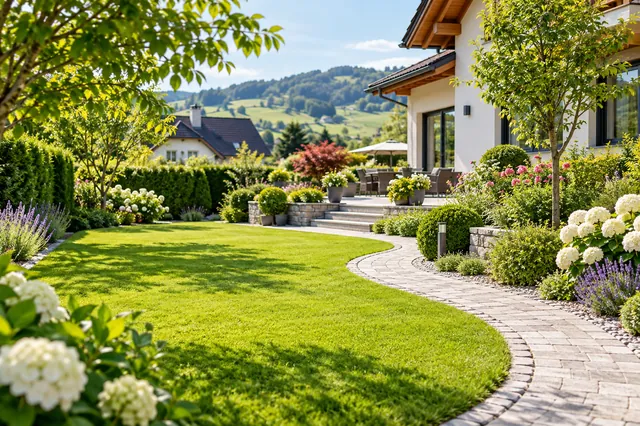 Gepflegter Garten mit Rasen, Weg und Sträuchern