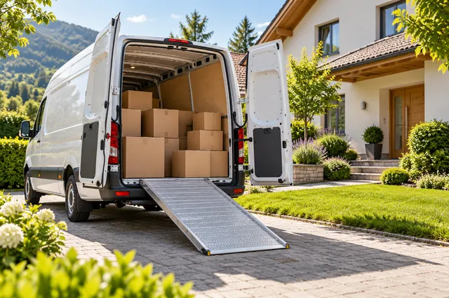Transporter mit Umzugskartons und Laderampe